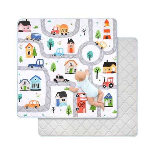 Spielmatte Baby 127×127cm mit Rutschfest, Extra Dicke 2cm Weiche Krabbelmatte Baby, Faltbar Krabbeldecke für Baby Krabbelteppich für Kinderzimmer Indoor Outoor Zaun (Stadtverkehr, Stadtverkehr)