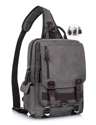 Leaper Retro Canvas Messenger Bag — Fits 13' Laptop, 10 Pockets, Unisex Crossbody Shoulder Sling Bag for Travel, Work & Daily Use, Gray, L (Available in Medium, Large, XL)