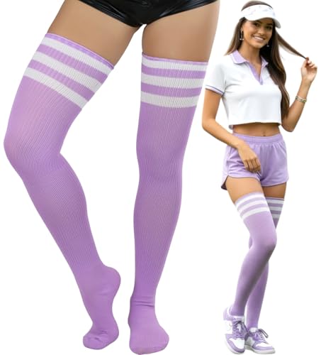 Image of ToBeInStyle Women's Heavyweight Knit Thigh High Long Socks w /Contrast 3 Stripe Top Band