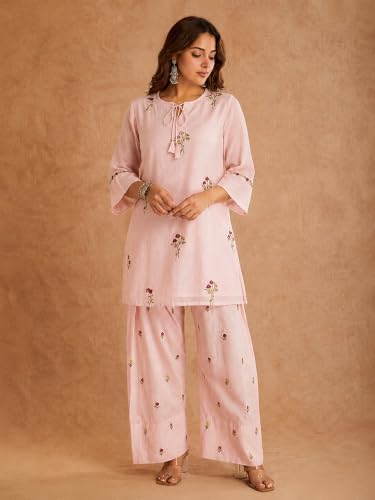 Image of ANNI Designer Farshi Salwar Suit for Women Viscose Embroidered | Co Ord Set for Woman | Straight Kurta Palazzo Outfit Round Neck V Slit 3 /4 Sleeve Ethnic Dress Womens Clothing
