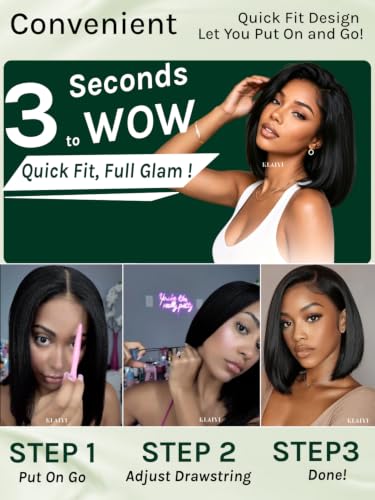 Image of KLAIYI Bye Bye Slip Straight Bob Wigs Human Hair Side Part Glueless Precut 6x4 Lace Front Wigs Drawstring Pre Plucked Bleached Knots Sleek Blunt Cut 30S Ready to Wear and Go Wig 220% Density 12Inch