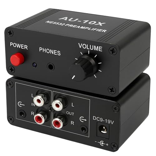 12V RCA Preamplifier, Audio Phono Preamp, Mini Stereo Headphone Signal Home Amplifier, Gain 20dB for Turntable Pre amp Dual OP AMP AUX10X NE5532, Input to 3.5mm Output, Power Adapter is NOT Included