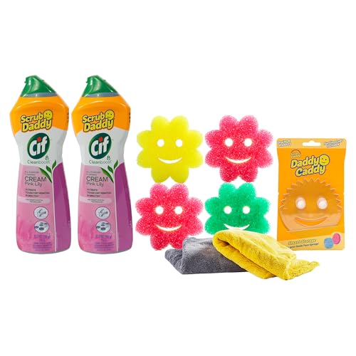 Scrub Daddy Cleaning Supplies Kit - Cif Floral Bundle - Includes Scrub Mommy Dish Sponges Microfiber Towels Kitchen Sink Caddy & Cif Cream All Purpose Cleaner Pink Lilly (9 Count)