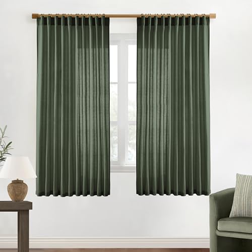 Image of XTMYI Green Curtains 63 Inch Length Sheer Semi Light Filtering Tropical Curtains for Living Room 2 Panels Set