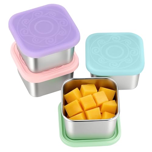 Image of 4 Pack Stainless Steel Snack Containers, 6oz Snack Box with Silicone Lids,Stackable Portable Small Food Storage Container for Picnic,Travel,School,Office,and Daycare