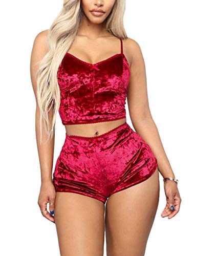 Women's Velvet 2 Piece Outfit Spaghetti Strap Sleeveless Crop Top+ Shorts Set Red 2XL