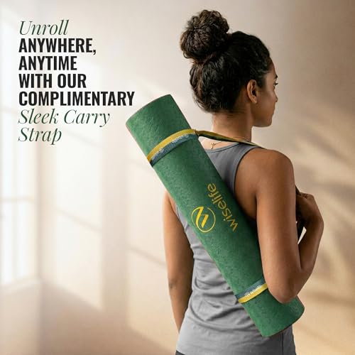 Image of WiseLife Classic Eco-TPE 6 MM Yoga Mat with Yoga Strap for Men & Women | Extra Thick, Long & Wide Non-Slip, Anti-Tear Exercise Mat for Home, Gym, Workout, Fitness, Yoga & Pilates (Green)