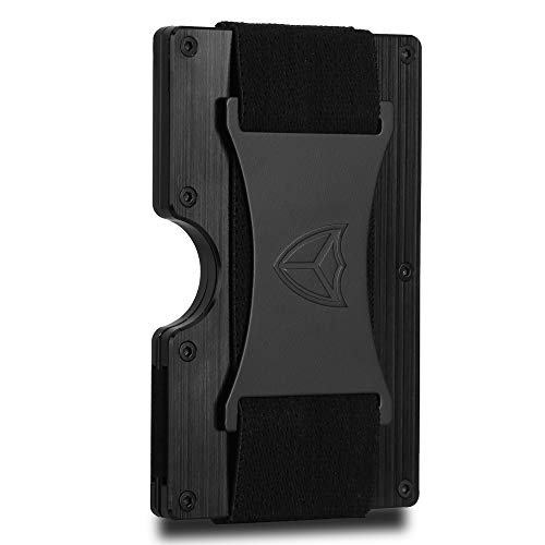 Minimalist Wallet for Men RFID Blocking Aluminum Wallet Carbon Fiber Card Case Metal Wallet Minimalist Front Pocket Card Holder Cash Strap Mens Wallet (Black)