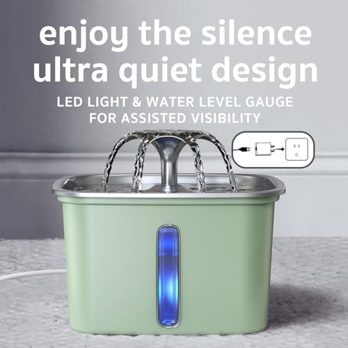 Image of Veken Innovation Award Winner Stainless Steel Cat Water Fountain, 95oz /2.8L Automatic Pet Fountain Dog Water Dispenser with Replacement Filters & Silicone Mat for Cats, Dogs, Multiple Pets (Tea Green)