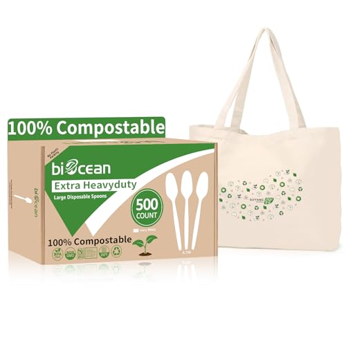 Image of Extra Heavyduty Compostable Spoons [500 Count,6.7In] Disposable Cutlery No Plastic Spoons Large Biodegradable Utensils Eco Friendly Silverware for Party,BBQ,Daily Use [With Tote]