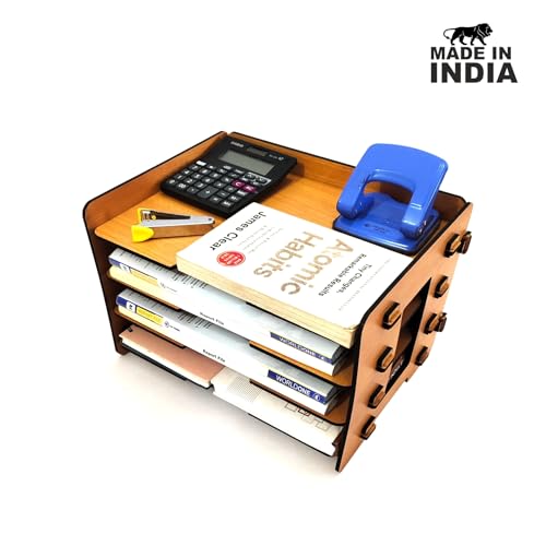 Image of Office File Tray - A4 Desk Tidy Organiser | 4-Tier Document, Paper & Letter Tray | Multipurpose Desk Storage Rack for Home & Office (Bavarian Beech)