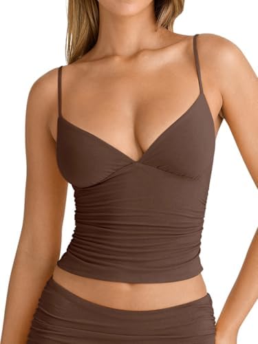 PINKMSTYLE Women's Sexy V Neck Ruched Cami Top Sleeveless Spaghetti Double Layer Fitted Crop Tank Tops