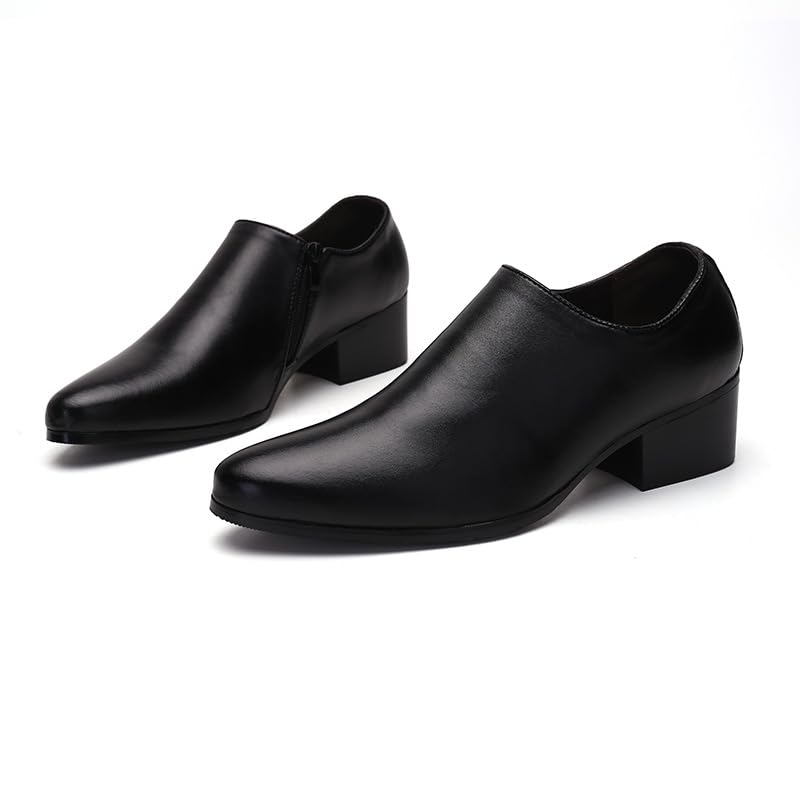 Battle Men Men's Leather Slip-On Dress Shoes with Pointed Toe, Chunky Heel, 3-Inch Height Increasing Elevator Style for Office or Formal Use2