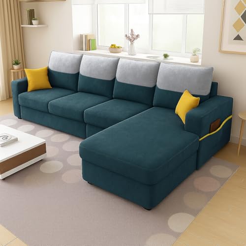 Image of Furny Tokiaa 6 Seater Fabric RHS L Shape Sofa Set (Tealish Green) | Soft Velvet Fabric | Modern Design | Comfortable Seating | Living Room Furniture