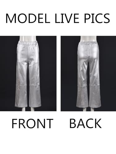Women Long Pants Casual Straight-Leg Metallic Trousers Loose Stretchy Waist Business Office Pants with Pockets4
