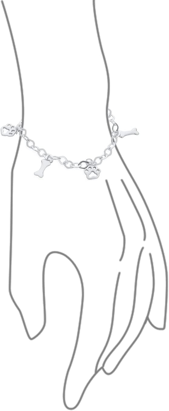 Layering Best Friend Animal Multi BFF Pet Lover Dog Puppy Link Multi Charm Bone & Paw Print Bracelet and Earrings Jewelry Set for Women Teenagers .925 Sterling Silver 7.5 Inch