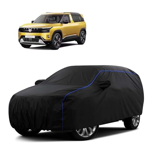 Image of Sulfar 100% Water Resistant Car Body Cover Compatible with Mirror for Tata Sierra (Triple Stitched, Full Bottom Elastic, Black Tafetta with Blue Piping)