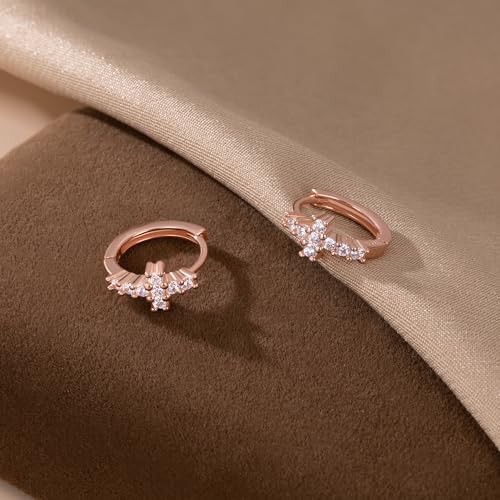 Reffeer Solid 925 Sterling Silver CZ Cross Hoop Earrings for Women Teen Girls Cross Huggie Earrings Cartilage Helix4