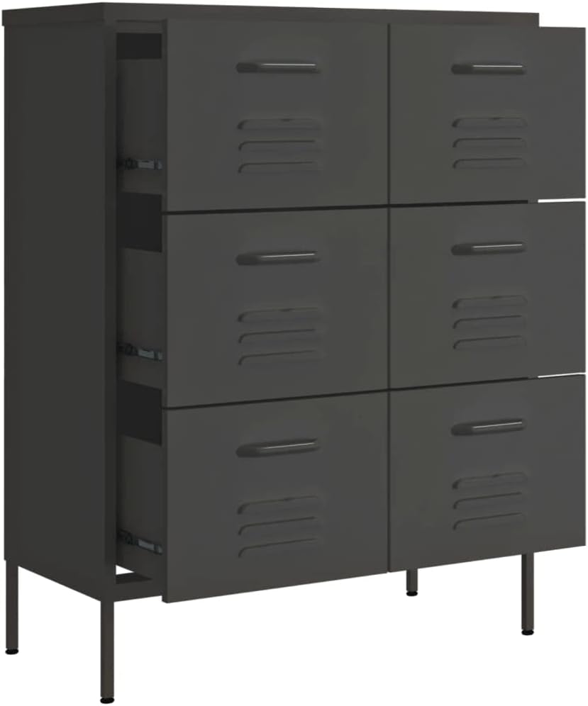 Modern Anthracite Steel Sideboard Cabinet with Six Drawers for Living Room Storage and Display, Ball Bearing Slides, Adjustable Feet, Minimalist Design, Durable Construction,