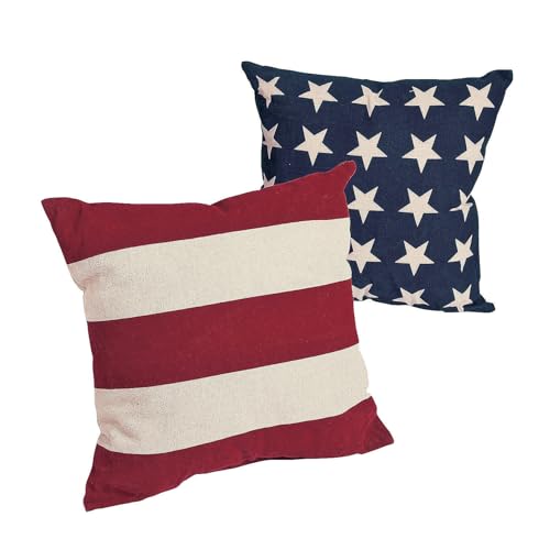 Fun Express Patriotic Stars and Stripes Outdoor Pillow Set of 2 - Premium 14x14 Cotton Throw Pillows 4th of July, Memorial Day Decor & Veterans Day | Vintage Red White Blue American Flag Design