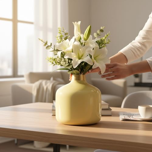 Image of Artful Living India - Round Metal Flower Vase | Round Vintage Vase for Living Room, Table, Office Decoration & Home Decor | Antique Decorative Metal Vase (Pastel Yellow)