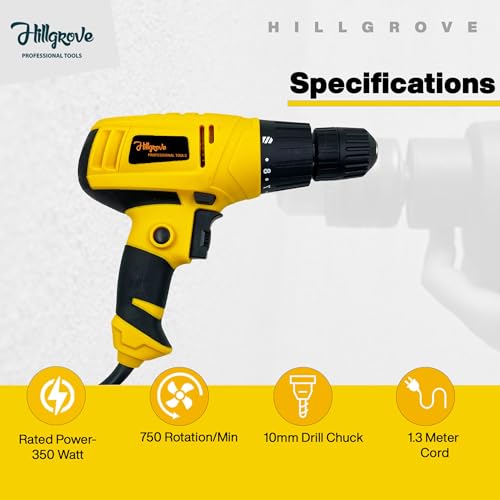 Image of Hillgrove HGCM1169M1 350W Screwdriver Electric Power Drill Machine with 9Pcs All Type Drill Bits for Making Holes in Metal /Wood /Concrete with Reverse Rotation and Variable Speed Pistol Grip