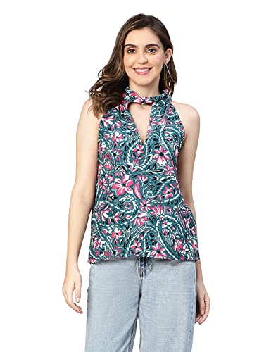Image of oxolloxo Women Floral Print Key Hole Neck Polyester Top