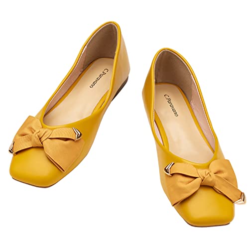 C.paravano Women's Flats I Square Toe Shoes For Women I Yellow Flat Shoes I Womens Flat Leather Shoes I Yellow Flat Shoes Women (Size 38, Yellow Flower) #TOP10
