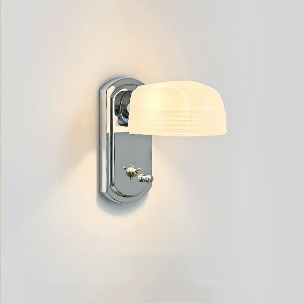 KBUUKYYXouy Mid Century Chrome Bathroom Vanity Wall Mounted Light Fixture Hardwired Modern Milk Glass Wall Sconce with Switch Indoor Industrial Hallway Wall Lamp for Living Room Aisle Stairs Bedroom