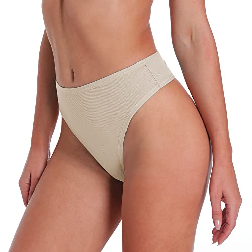 Women's High Waisted Ribbed Cotton Thongs Stretchy Sport Panties High Cut Breathable Underwear 6-Pack2