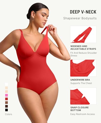 Image of FeelinGirl Shapewear Bodysuits for Women Tummy Control Deep V Neck Body Suits with Adjustable Straps Tops
