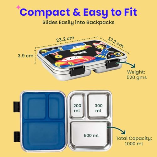 Image of Basil Bento Neo Classic 2025 - New & Improved, 1000ml 3-Compartment Stainless Steel Lunch Box for Adults, Teens & Kids | Leak-Proof & Easy to Open Tiffin for Office, School, College - Black Car