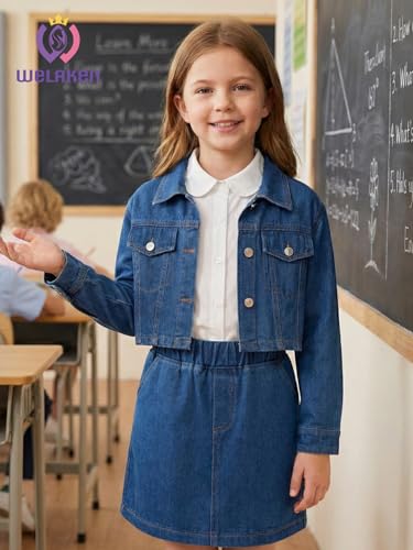 Image of WELAKEN Girls 2-Piece Cropped Denim Jacket Skirt Set | Decorative flap pocket cropped jacket、Elastic waist skirt with pockets、Soft cotton denim set