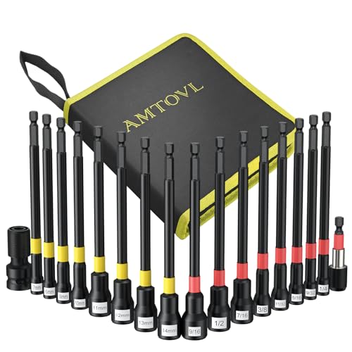 AMTOVL 18-Piece Magnetic Nut Driver Set - Metric & SAE Long Shank Bits with Extensions & Impact Adapter Heavy-Duty 6150 Cr-V Steel for Impact Drills & Power Screwdrivers for Precision Fastening