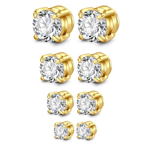 Men's Magnetic Diamond Earrings - Non Piercing Cubic Zirconia Studs, Stainless Steel Hypoallergenic, Gold Fashion Fake Earrings for Women