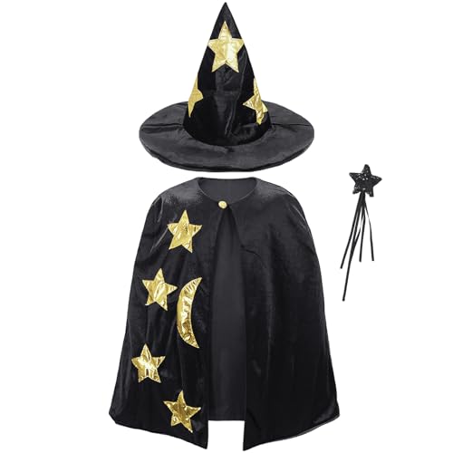 Disfraz infantil de bruja con capa, sombrero y varita miniatura 4