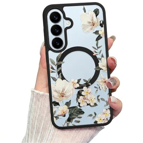 Image of VONZEE Compatible with Samsung Galaxy S26 5G Case Luxury Retro Flowers Floral Clear for Magnetic Wireless Charging Case Shockproof PC+TPU Cute Glossy Shiny Cover for Girls Women, Black