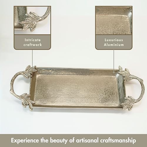 Image of BEHOMA Aluminium Silver Serve Tray with Leaf Handle, 16.7 inch | Silver aluminium serve tray with leaf handle, 16.7 inch; perfect Durga Puja & Navratri serveware.