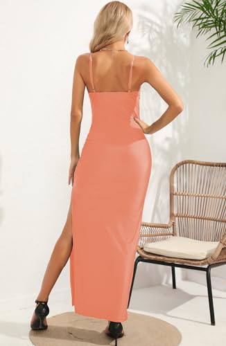Image of Aigeman Women Spaghetti Straps Cowl Neck Maxi Dress Bodycon Formal Dresses Ruched High Slit Cocktail Party Dress 60