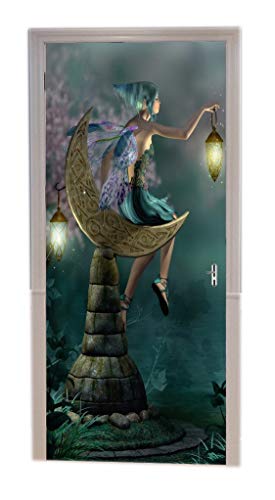 A.Monamour Stickers Muraux Conte De Fées 3D Un Petit Lutin Lutin avec Lanterne Assis sur La Lune Nuit Fée Nuit Scène Vinyle Chambre Porte Stickers Papier Peint Peintures Murales Porte Autocollants