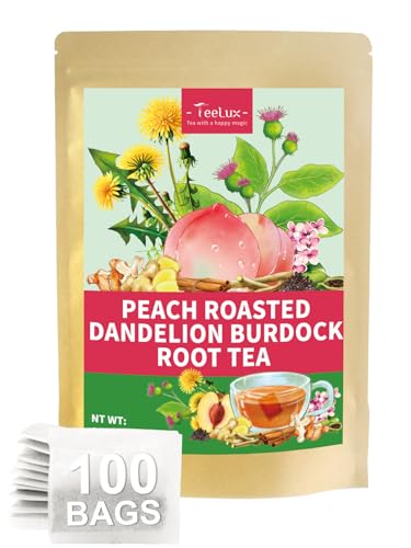 Image of TeeLux Peach Dandelion Burdock Root Tea Bags, Caffeine Free, 100 Count | Natural Herbal Blend with Sweet Cinnamon, Zesty Ginger & Toasty Roasted Dandelion Root, Sugar Free, Hot or Iced