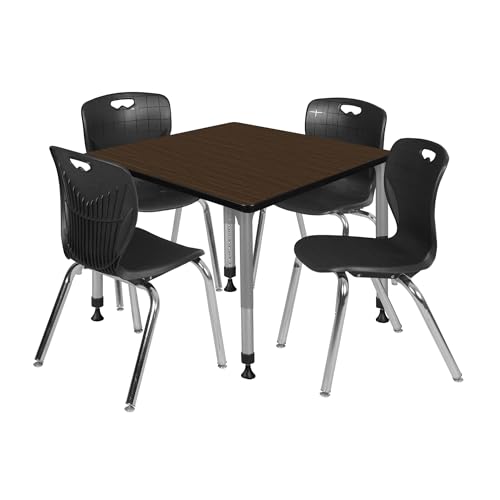 Romig Trek 36 in. Square Adjustable Classroom Table- Neo Walnut Top, Grey Base & 4 Andy 18 in. Black Stack Chairs