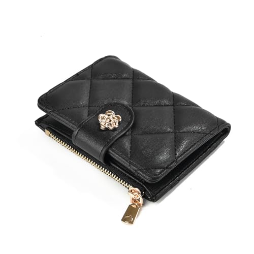 Small Wallet for Women Floral Snap Slim Quilted Faux Leather Zip Coin Purse & Card Holder - Black4