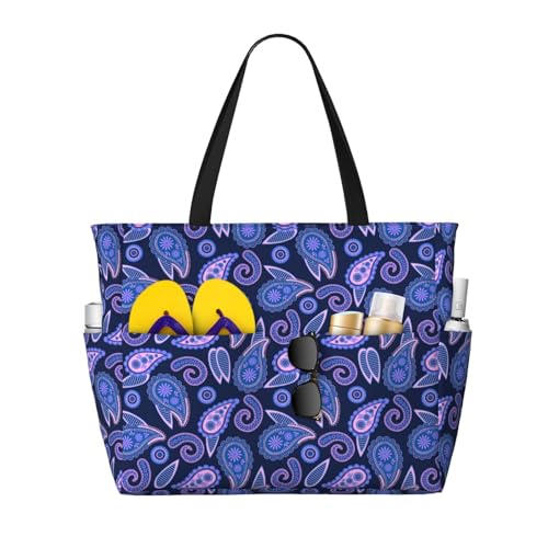 Large Beach Bags Water-resistant Sandproof - Purple Paisley Cute Beach Tote Bags for Women with Zipper