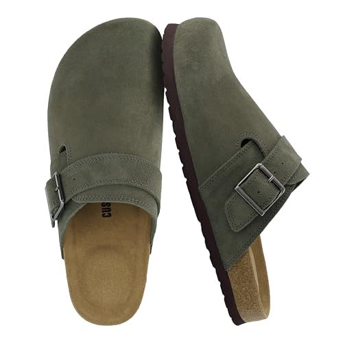 CUSHIONAIRE Hugo Genuine Leather Suede Clogs for Men – Comfortable Slip On Shoes with Adjustable Buckle, Closed Toe Mens Slides, Olive, 8