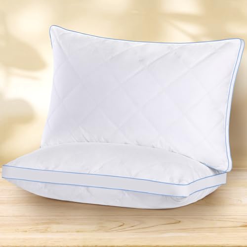 QUTOOL Almohada de plumas de ganso de lujo con funda 100% algodón, almohada de cama de firmeza media, tamaño Queen, ideal para dormir de lado y boca arriba