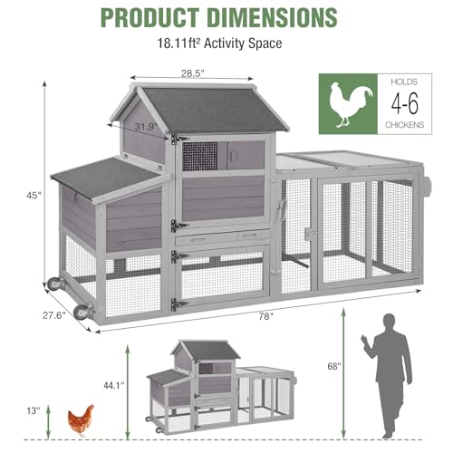Image of Mobile Chicken Coop with Wheels for 4-6 Chickens, Large Wooden Hen House Duck Cage with Run, Nesting Box, Easy Clean Pull-Out Tray, Waterproof Asphalt Roof - Grey, 78 inch L x 27.6 inch W x 45 inch H