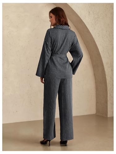 Women's 2 Piece Outfits Striped Belted Open Front Blazer and Pants Work Office Set3