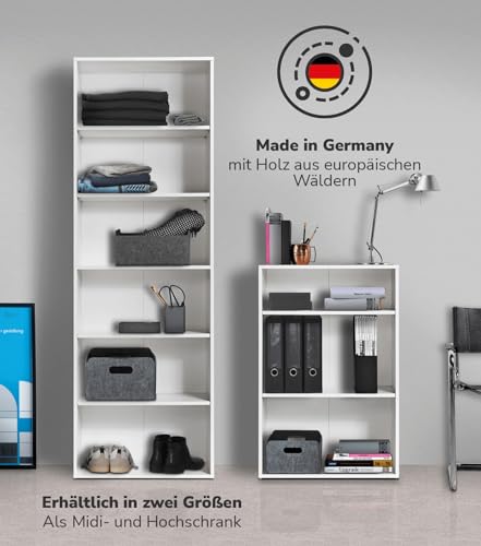 mokebo® Bücherregal weiß aus Holz 'Der Bücherwurm', Schuhregal, Holzregal, Aktenregal Standregal fürs Wohnzimmer, Büro, Kinderzimmer, Regal groß für die Wand mit viel Stauraum, 60cm Breite