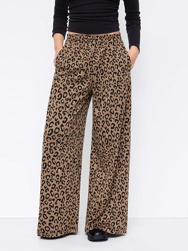 Image of CIDER Women Leopard Print Wide Leg Lounge Pants Sweatpants Elastic Waist Casual Trousers with Pockets